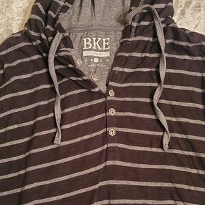 BKE Men's Thin Striped Hoodie Sweater - Black and Gray Button Front